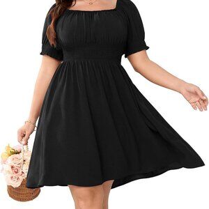 Plus Size Mini Dress Women's Cotton Square Neck Puff Sleeve A-Line Casual